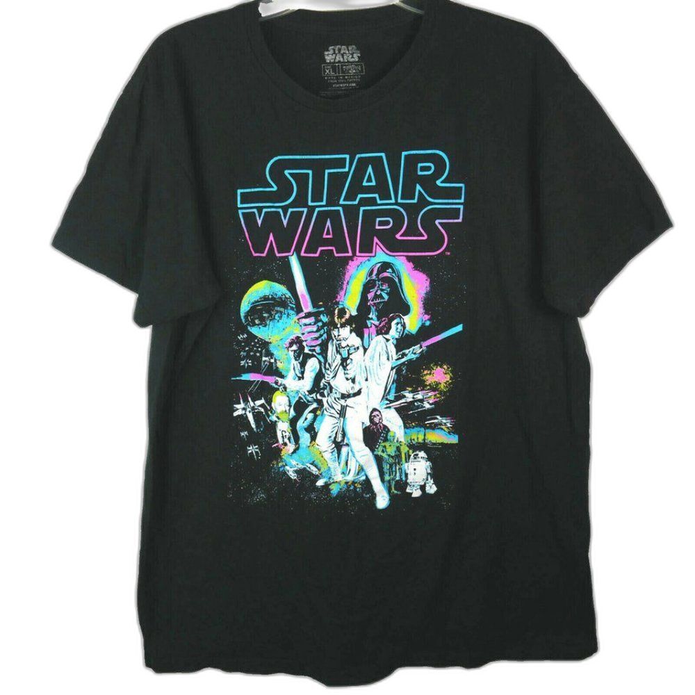 Star Wars Mens Size XL T-Shirt Black Retro Movie Poster Front Graphic